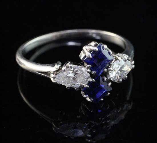 A 1940s white gold, diamond and sapphire ring, size L.